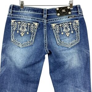 Miss Me 30 Embroidered Rhinestone Y2K Floral Thick Stitch Bootcut Women Jeans